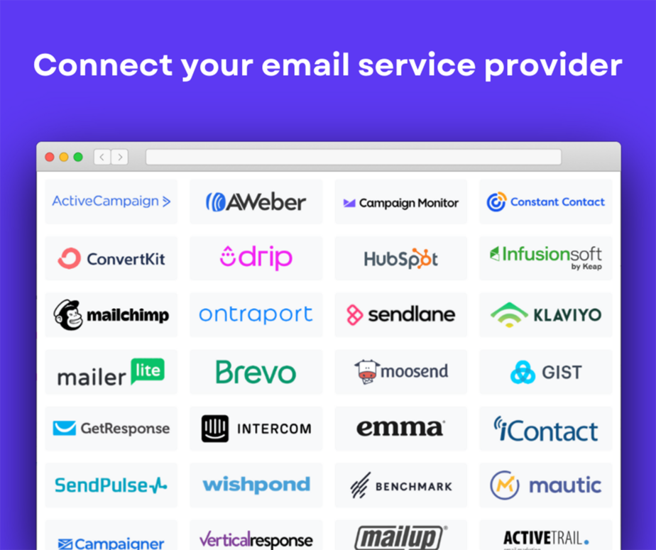Logos of various email service providers, including ActiveCampaign, AWeber, Mailchimp, HubSpot, and others, on a computer screen with a header "Connect your email service provider.