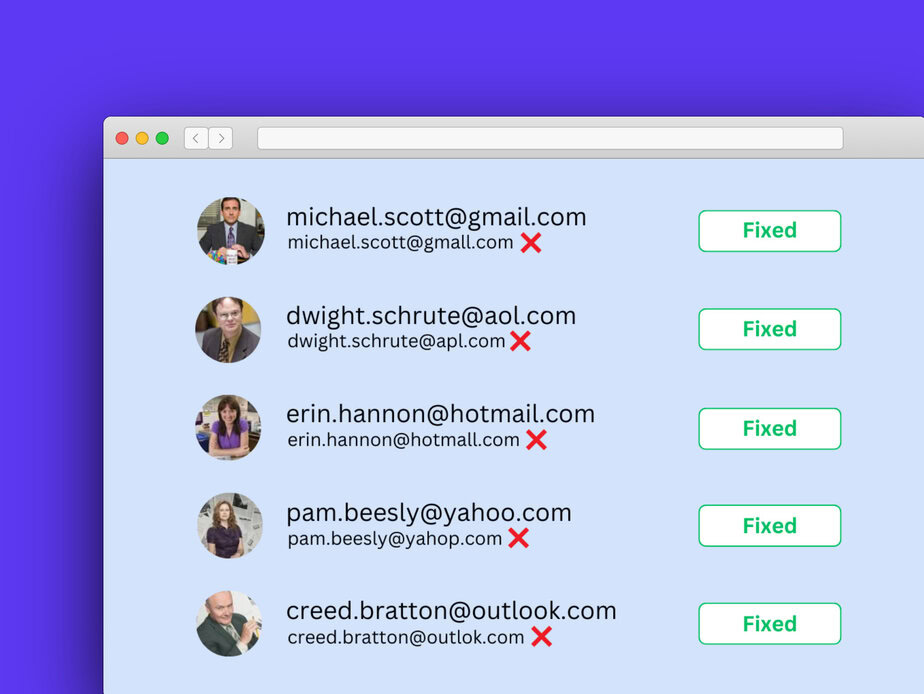 Email list displayed in a web browser with red X marks next to invalid email addresses and green "Fixed" buttons.