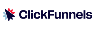 ClickFunnels logo featuring a stylized funnel icon in blue, light blue, and red, followed by the word "ClickFunnels" in bold, dark blue text.